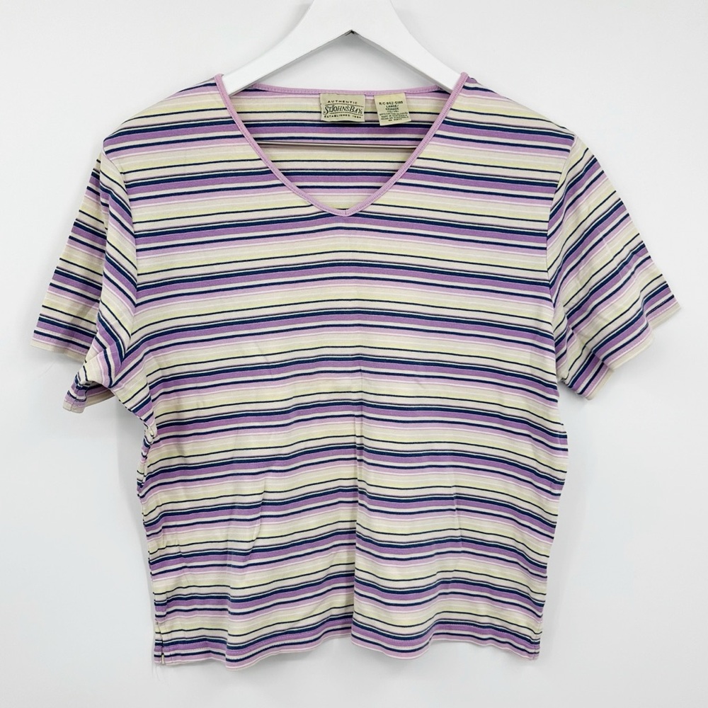 Vintage Y2K Purple Stripe Fairycore Short Sleeve Shirt Size Large Early 2000s